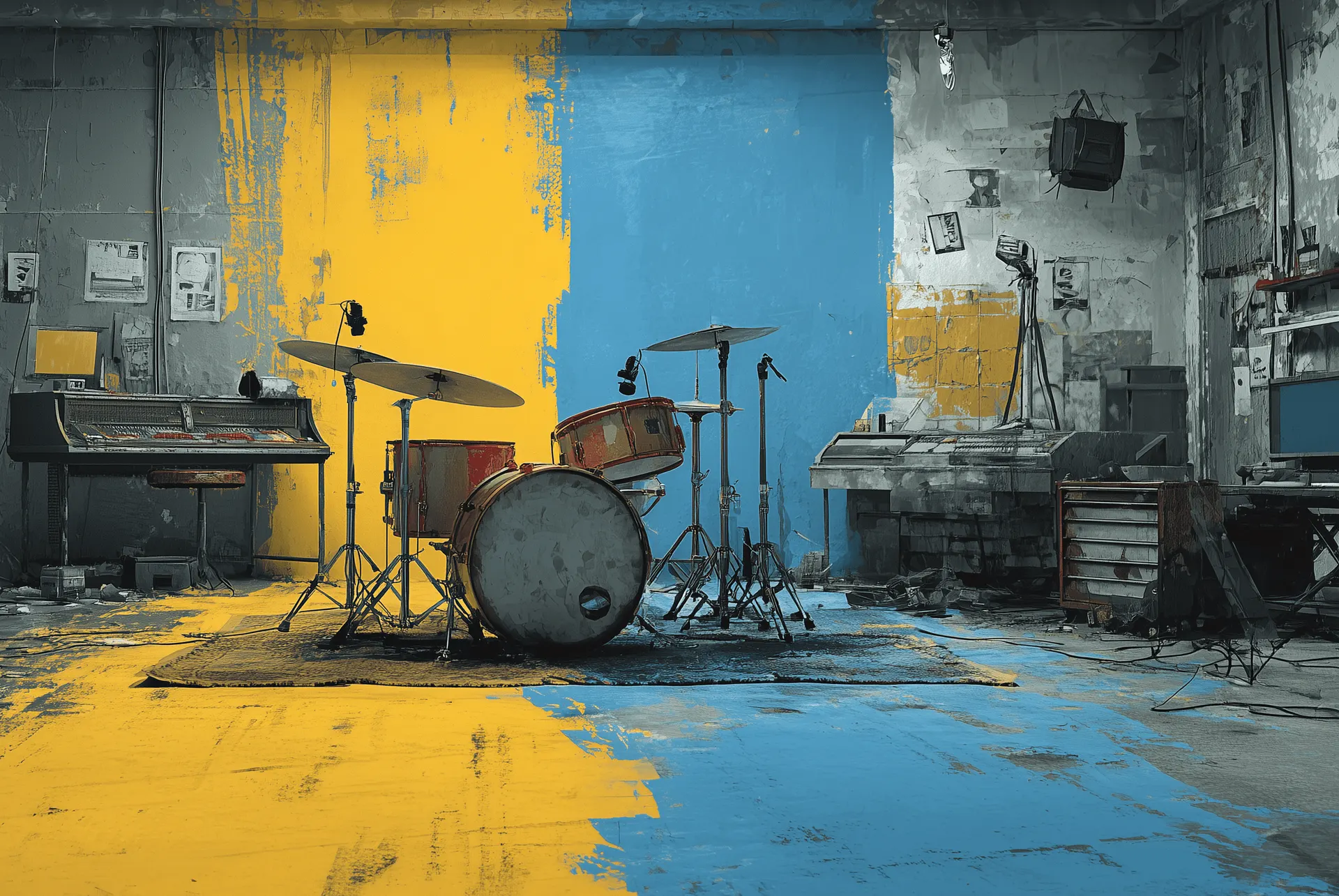 A collage of images representing royalty-free music for various uses, including a violin, piano, and drums